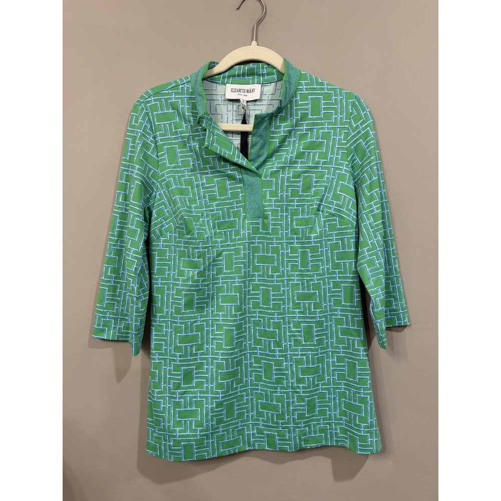 NEW Elizabeth McKay Green Stretch Tunic Blouse Small Geometric USA